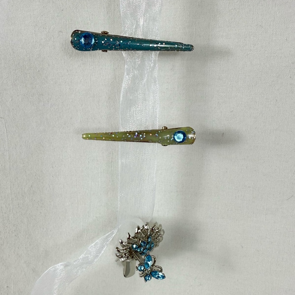 3 Silver, Blue, Green Hair Clips with Rhinestones and Glitter